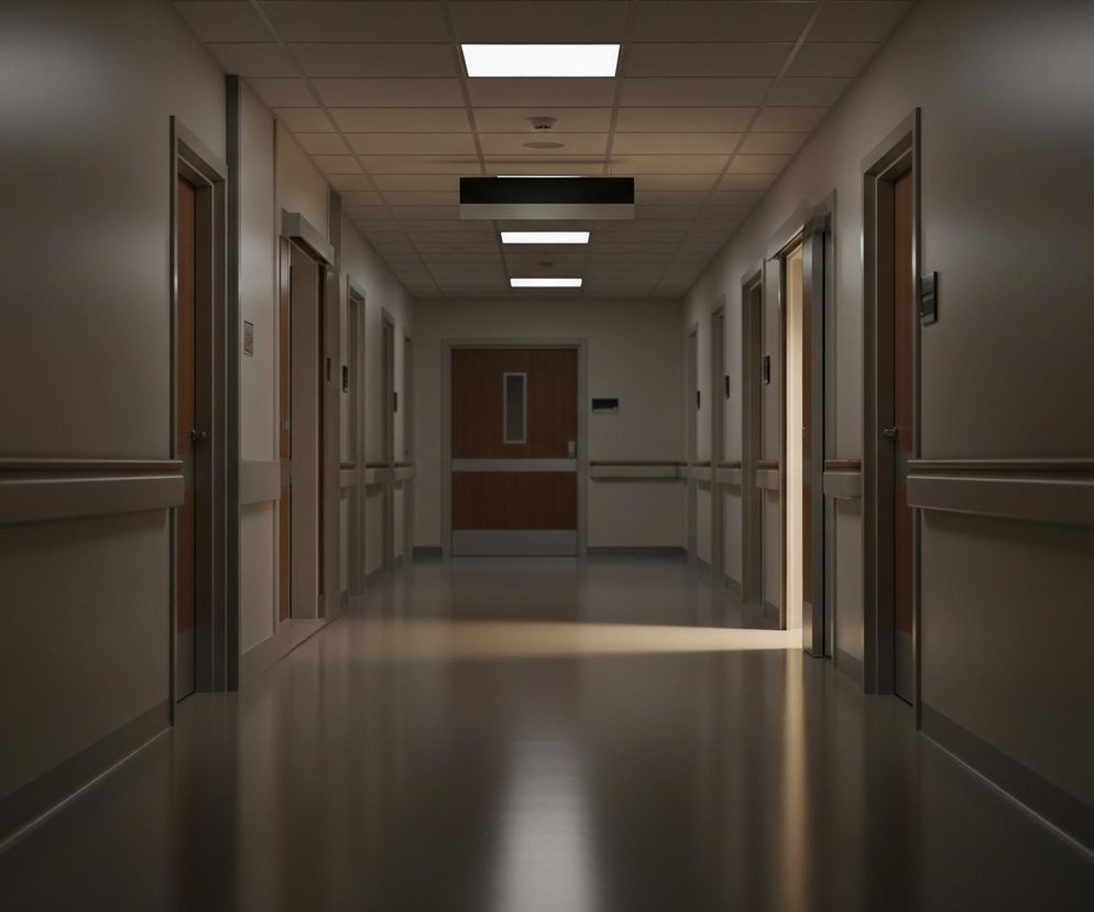 Długi, prosty korytarz, wyłożony jasnymi, beżowymi ścianami z brązowymi panelami ochronnymi i dopasowanymi, drewnianymi drzwiami po obu stronach, rozciąga się w głąb obrazu. Sufit pokrywa siatka płyt z wbudowanymi, prostokątnymi lampami jarzeniowymi, które rozświetlają centralną część korytarza, tworząc odblaski na błyszczącej, szarej posadzce. Na końcu korytarza widać zamknięte, drewniane drzwi z podłużnym, wąskim oknem, a nad nimi wiszącą, czarną tablicę informacyjną. Po prawej stronie widać otwarte drzwi, z których wnętrza wydobywa się ciepłe, żółte światło.