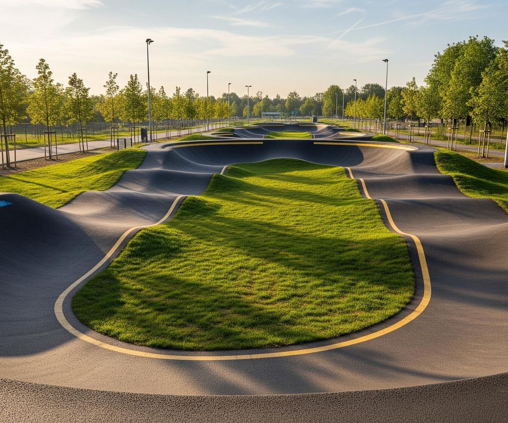 Obszerny, nowoczesny pumptrack z szarego asfaltu, wyróżniający się żółtymi liniami na krawędziach, wypełnia centralną część obrazu. Tory składają się z licznych fal i zakrętów, przeplatanych trawiastymi, zielonymi wzniesieniami. Po obu stronach pumptracka rozciąga się równo przycięta, intensywnie zielona trawa, a dalej prowadzą asfaltowe ścieżki rowerowe lub spacerowe. Wzdłuż ścieżek rosną młode, jasnozielone drzewa, wsparte drewnianymi palikami, a za nimi widać szereg latarni ulicznych o prostych, ciemnych słupach. W tle po obu stronach rozciąga się gęsty, ciemnozielony las, a wysoko na niebie widoczne są białe, rozproszone chmury, oświetlone promieniami zachodzącego słońca.
