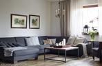 Szara sofa i szare ściany w rustykalnym salonie