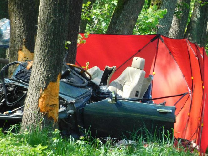 Tragiczny początek majówki na Mazowszu. Nie żyją dwie osoby. Jaguar uderzył w drzewo 