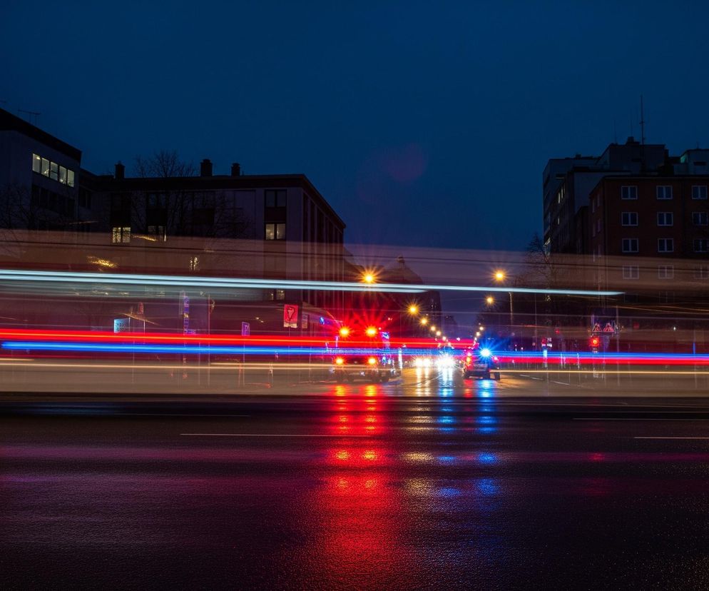 Droga nocą z rozmytymi smugami świateł pojazdów w kolorach czerwonym, niebieskim i białym przebiega przez środek kadru, tworząc dynamiczne pasy. Powierzchnia jezdni jest mokra i odbija światła, tworząc malownicze refleksy. W tle widoczne są zarysy budynków i uliczne latarnie, rzucające żółte, rozgwieżdżone blaski. Ciemne, granatowe niebo dominuje nad horyzontem.