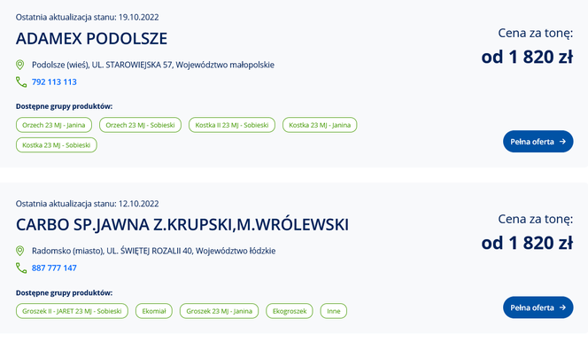 Ceny węgla ze strony cieplo.gov.pl