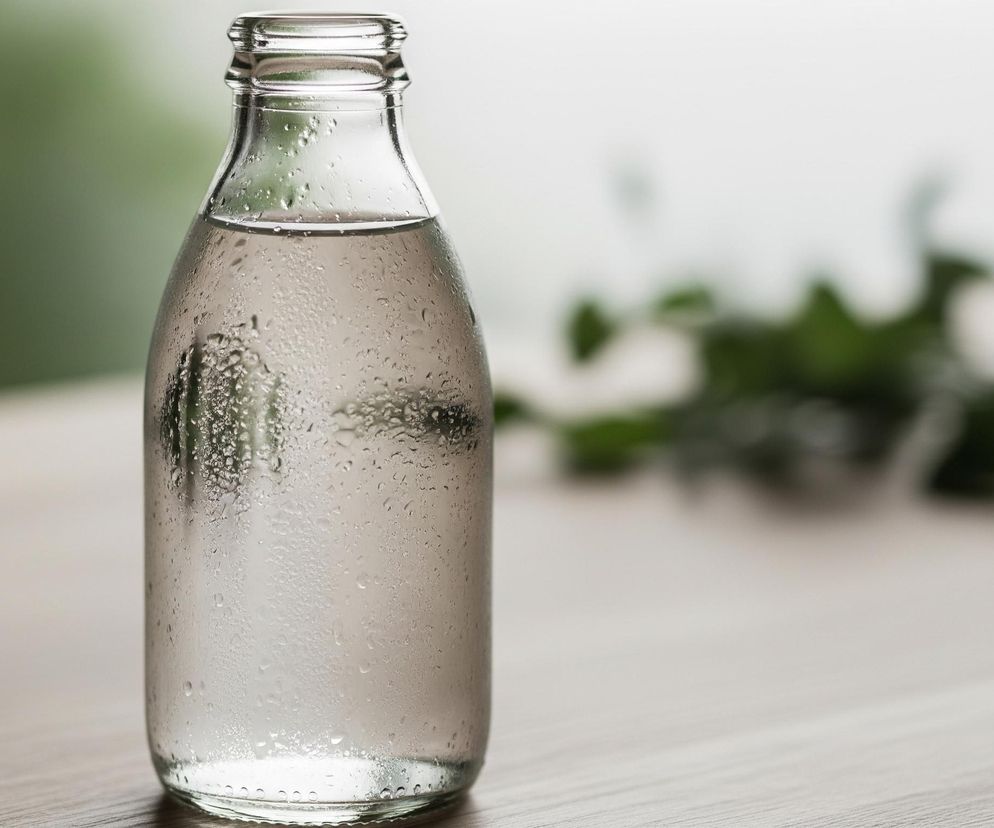 Przedstawia szklaną butelkę wypełnioną wodą, pokrytą licznymi kroplami kondensacji. Butelka ma metaliczną nakrętkę i znajduje się na jasnym, drewnianym blacie z widoczną fakturą słojów. Tło jest rozmyte, z lewej strony widoczne są zielone odcienie, a z prawej jaśniejsze, neutralne barwy z zarysem zielonych kształtów.