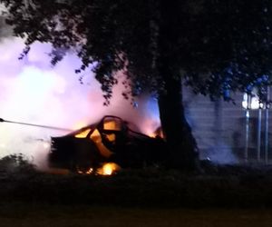 Potworny wypadek w Płocku. Wypadli z drogi, uderzyli w drzewo. Dwoje ludzi spłonęło w samochodzie	