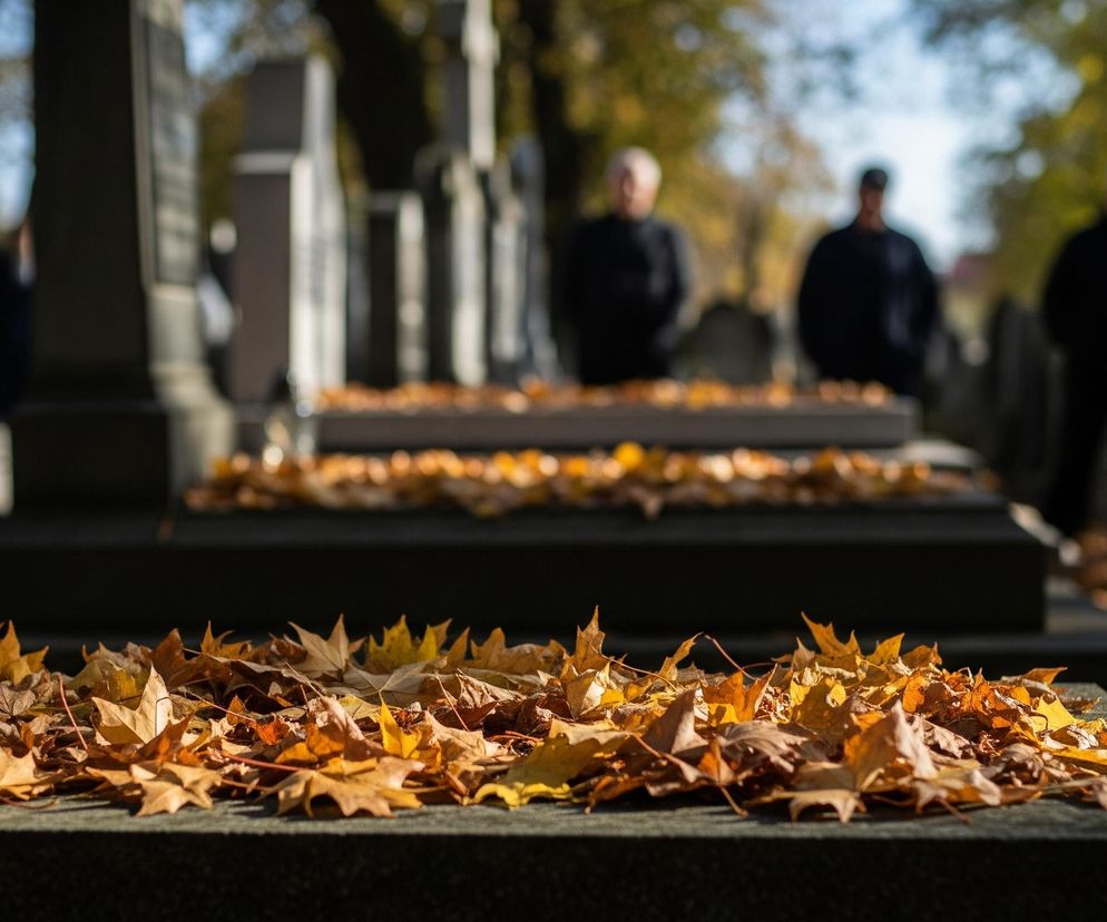 Pierwszy plan zajmują nagrobki pokryte warstwą suchych, opadłych liści w odcieniach żółci, brązu i pomarańczy. Liście te są również rozrzucone na ścieżkach i powierzchniach nagrobków w tle. W oddali, za niewyraźnymi nagrobkami, widać rozmyte sylwetki kilku osób, ubrane w ciemne ubrania, stojące wśród drzew. Całość utrzymana jest w jesiennej tonacji, z przewagą ciepłych barw liści i stonowanych szarości kamienia.