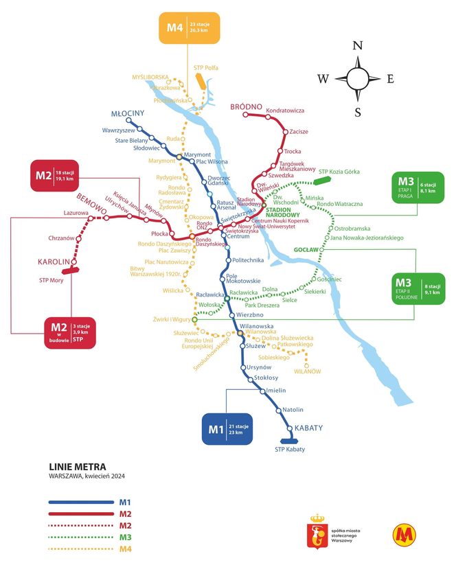 Mapa planowanej sieci metra w Warszawie w 2050 r.