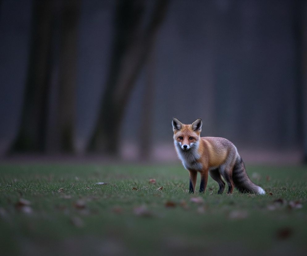Rudy lis stoi na zielonej trawie, zwrócony pyskiem w stronę widza. Jego sierść ma odcienie pomarańczu, brązu i szarości, z czarnymi końcówkami łap i białym podbródkiem oraz końcówką ogona. Tło stanowią rozmazane, ciemne sylwetki drzew, sugerujące lesisty obszar w pochmurny dzień lub o zmierzchu. Liście leżące na trawie dodają jesiennego akcentu scenie.