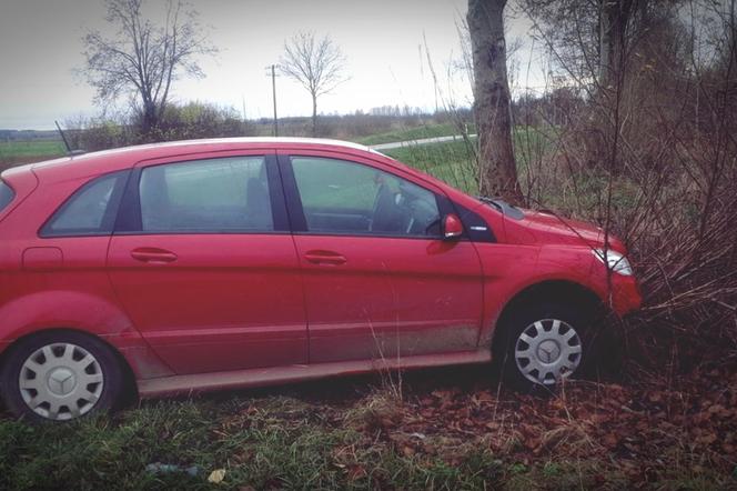 Kompletnie pijani pokłócili się o to, kto ma kierować autem. Mercedes rozbił się na drzewie