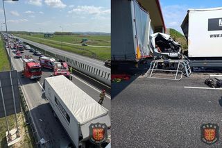 Trzy samochody ciężarowe zderzyły się na autostradzie A4. Nie żyje jedna osoba 