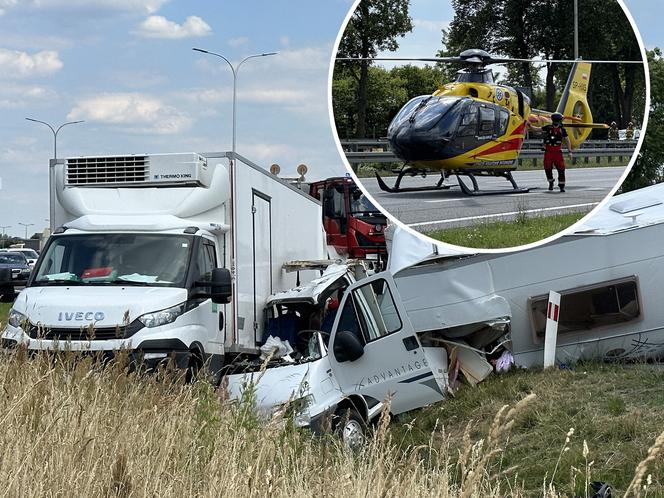 Kamper gruchnął w auto stojące na poboczu. Jedna osoba ranna. Lądował śmigłowiec LPR