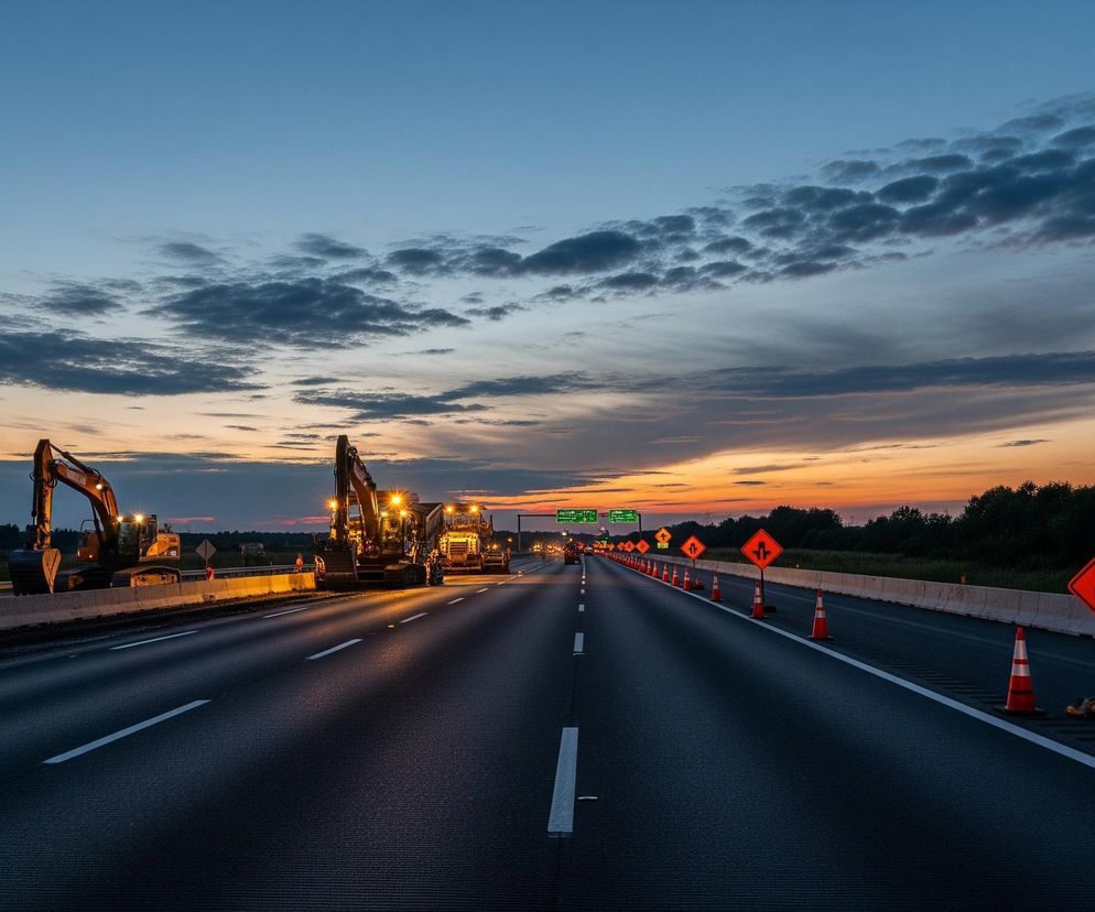 Długa, pusta autostrada rozciąga się w centrum kadru, z białymi przerywanymi liniami oddzielającymi pasy ruchu. Po lewej stronie drogi widoczne są ciężkie maszyny budowlane, w tym dwie koparki i inne pojazdy, wszystkie z zapalonymi światłami. Po prawej stronie autostrady ustawiono szereg pomarańczowych pachołków i znaków ostrzegawczych w kształcie rombu z czarnymi symbolami, sugerującymi prace drogowe. Horyzont na tle pomarańczowo-niebieskiego nieba o wschodzie lub zachodzie słońca oddziela drogę od pasów drzew na obu stronach.