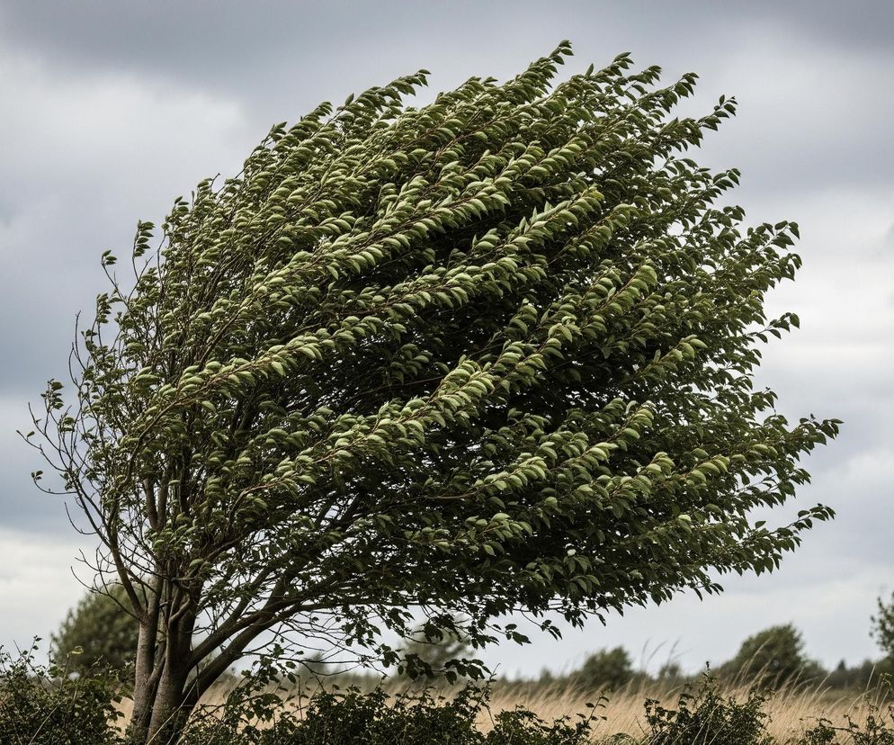 Na pierwszym planie, centralnie, dominuje drzewo z rozłożystą koroną o intensywnie zielonych liściach, które są wyraźnie zdmuchnięte w prawą stronę, co sugeruje silny wiatr. Pień drzewa jest stosunkowo gruby, z wyraźnie zarysowanymi gałęziami, z których niektóre są nagie, inne pokryte listowiem. Pod drzewem widoczne są krzewy o ciemnozielonych liściach oraz wyschnięte, jasnobrązowe trawy. W tle rozciąga się równina z kilkoma rozmazanymi drzewami, a horyzont zamyka zachmurzone, szare niebo, z jaśniejszymi i ciemniejszymi partiami chmur.