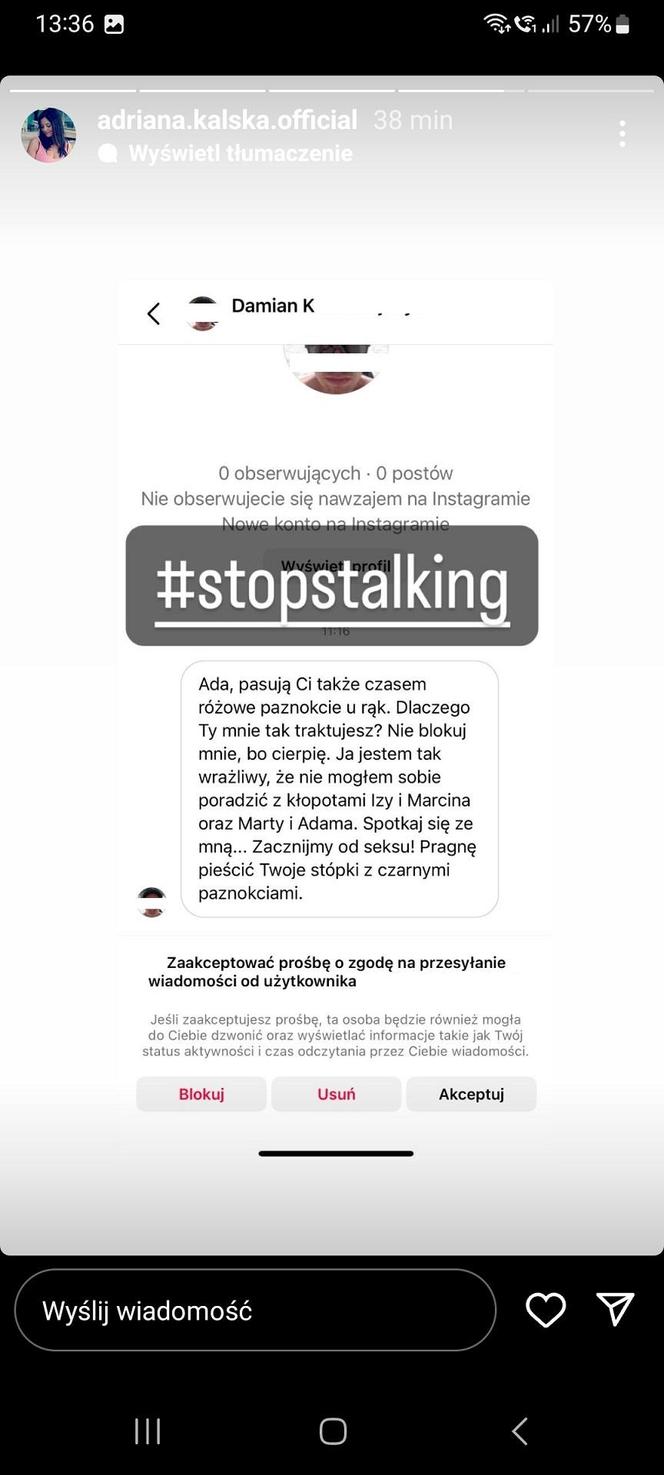 Adriana Kalska (Iza z M jak miłość) pokazała na Instagramie wiadomości od stalkera