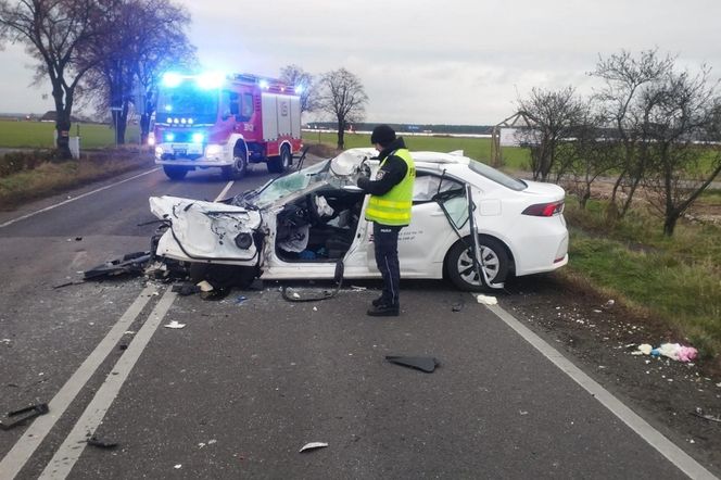 Tragiczny wypadek pod Lesznem. Przód osobówki został kompletnie zmiażdżony. Strażacy wycinali z wraku poszkodowaną