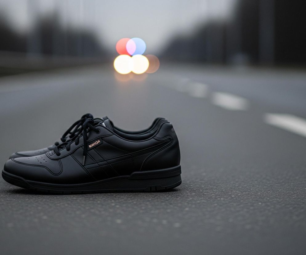 Na pierwszym planie, po lewej stronie, leżą dwie czarne sportowe buty na szarej nawierzchni asfaltowej. Buty posiadają czarne sznurówki i delikatne, brązowe napisy MARJOE na językach. Powierzchnia drogi jest wilgotna, a w tle widać rozmyte światła drogowe w kolorach czerwonym, niebieskim i żółtym, oraz zamazane sylwetki drzew lub budynków po obu stronach drogi. Białe, przerywane linie pasów ruchu są słabo widoczne na nawierzchni asfaltu.