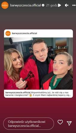 Barwy szczęścia. Bruno (Lesław Żurek), Oliwka (Wiktoria Gąsiewska), Karolina (Marta Dąbrowska)