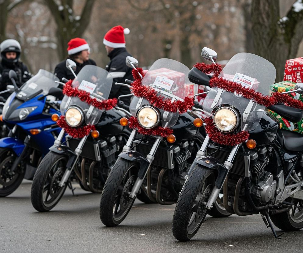 Sznur motocykli stoi zaparkowany na asfaltowej nawierzchni, pokrytej miejscami topniejącym śniegiem. Na pierwszym planie widoczne są trzy motocykle, z czego dwa najbliższe mają na przednich szybach przezroczyste ozdobne girlandy z czerwonych, błyszczących lampek. Pomiędzy motocyklami znajdują się dwie osoby w czapkach świętego Mikołaja, a na siodłach dwóch maszyn widoczne są pudełka prezentów zapakowane w świąteczny papier. Tło stanowi rozmyty park z drzewami, których gałęzie są lekko oprószone śniegiem.