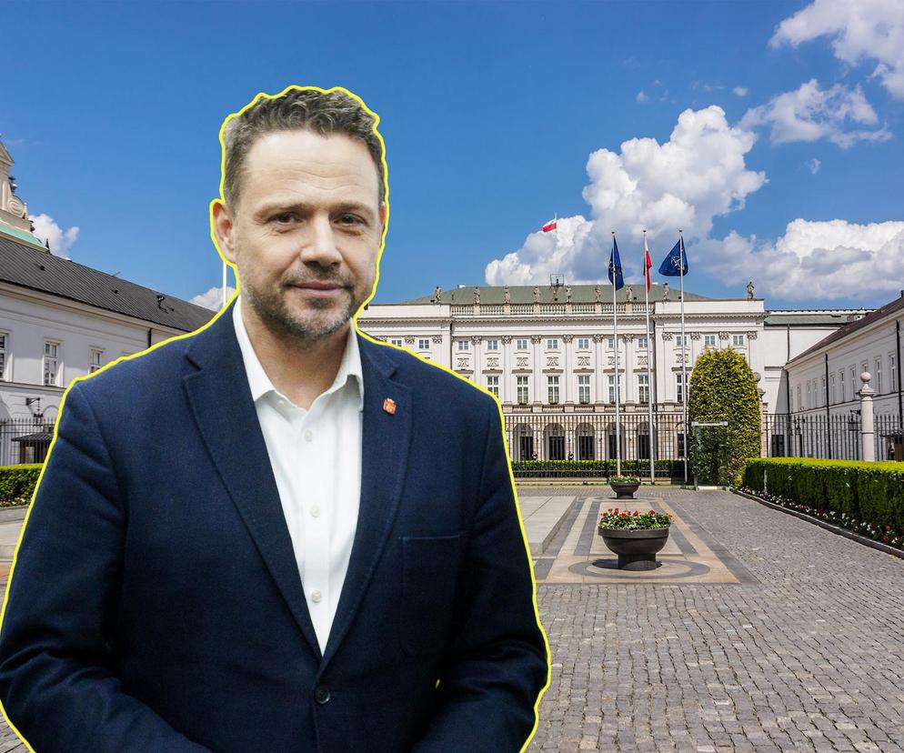 Trzaskowski na tle Pałacu Prezydenckiego