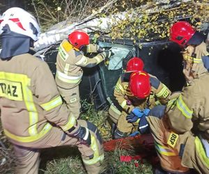 Auto wbiło się w przydrożne drzewo. Strażacy wycinali szybę piłą szablastą 