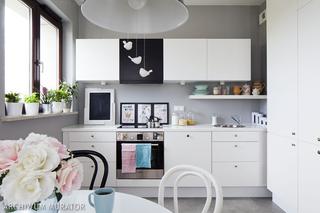 Biała zabudowa i szare ściany w kuchni