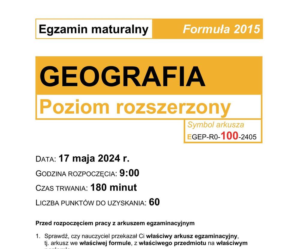 Matura 2024: geografia rozszerzona. ARKUSZ FORMUŁA 2015