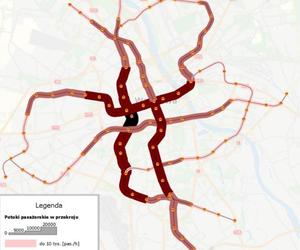 Prognozowane potoki pasażerskie w sieci metra warszawskiego w 2050 r. w godzinach szczytu