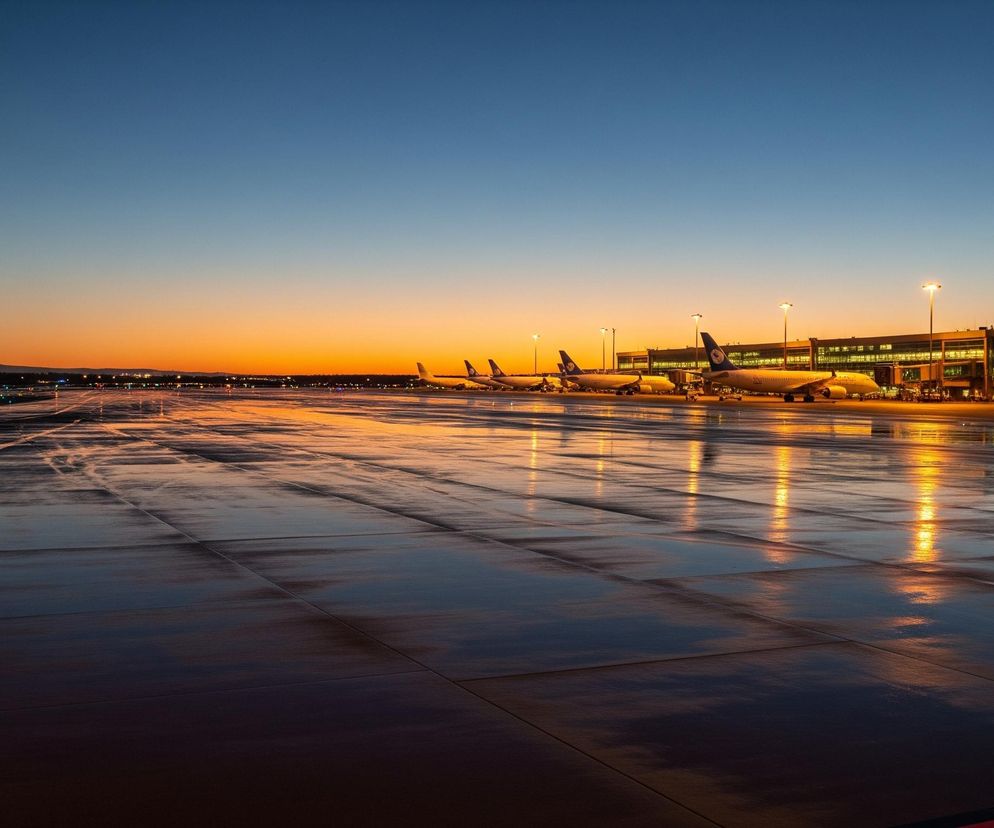 Duża, rozległa płyta lotniska, wydaje się być mokra, co odbija jaskrawe, pomarańczowe światła zachodzącego słońca oraz żółte światła latarni. Po prawej stronie zdjęcia widać kilka samolotów pasażerskich, prawdopodobnie czekających przy terminalu, którego budynek również jest wyraźnie oświetlony. Horyzont dominuje gradient nieba, przechodzący od głębokiego błękitu na górze do intensywnego pomarańczu i czerwieni tuż nad linią lądu.