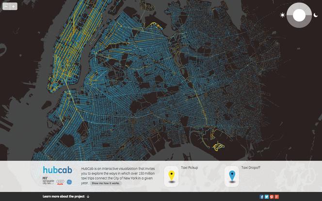 HubCab – interaktywna mapa pokazująca przejazdy taksówkami w Nowym Jorku oraz możliwości wspólnej podróży mniejszym kosztem, autorzy: Senseable City Lab, współpraca: Audi, GE, 2014