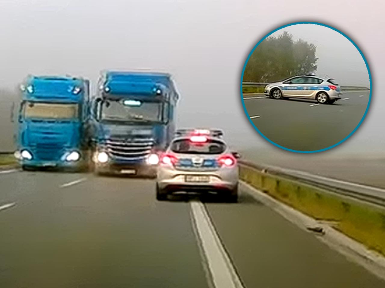 Rozpędzony TIR wyłonił się z mgły! Jechał na czołówkę z radiowozem
