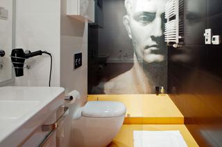 NOWOCZESNA ŁAZIENKA z portretem Napoleona: mozaika i mocne kolory w łazience
