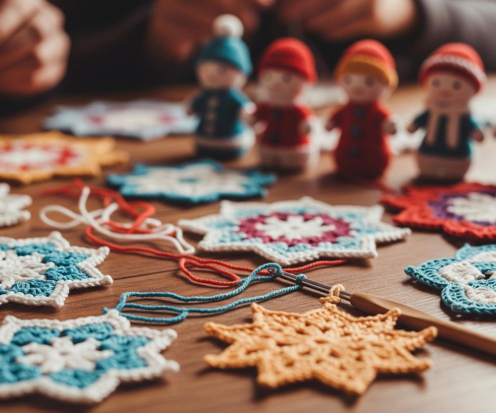 Na drewnianym stole leżą liczne, ręcznie robione szydełkowe ozdoby w kształcie gwiazd lub płatków śniegu, w różnych kolorach takich jak biały, turkusowy, pomarańczowy, czerwony i fioletowy. Na pierwszym planie, po prawej stronie, leży szydełko z drewnianą rączką, oplecione turkusową nitką, a obok niego pomarańczowa gwiazda. Rozrzucone są również kawałki nici w kolorach czerwonym, turkusowym i białym, a w tle widać rozmyte postacie ludzkie oraz pięć małych laleczek w zimowych ubrankach i czapkach.