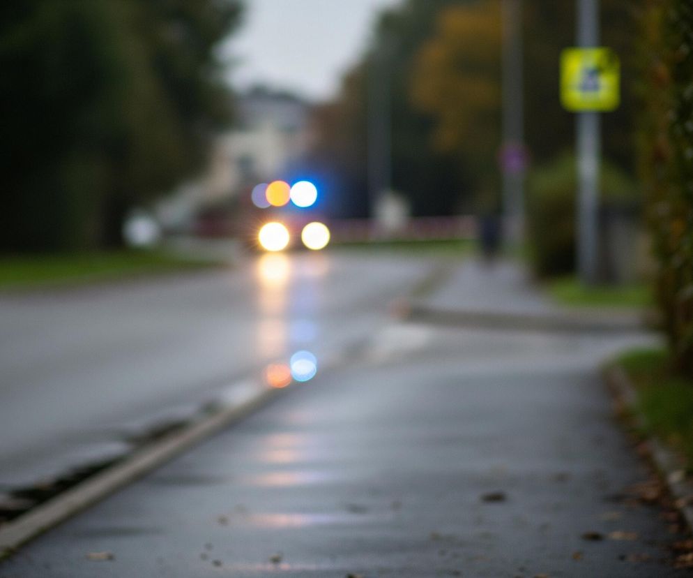 Ulica rozciąga się w głąb obrazu, zajmując lewą i środkową część kadru, z chodnikiem po prawej stronie. Na mokrej nawierzchni jezdni odbijają się rozmyte światła pojazdu: dwa jasne, żółte od reflektorów oraz dwa, niebieskie i pomarańczowe, powyżej, prawdopodobnie od świateł sygnalizacyjnych. Po prawej stronie, wzdłuż chodnika, rośnie gęsty żywopłot z ciemnozielonych liści, a na ziemi leżą pojedyncze, suche liście. W oddali, po prawej, widoczny jest rozmyty, żółty znak drogowy na słupku, a w tle drzewa o jesiennych, zielono-żółtych liściach.