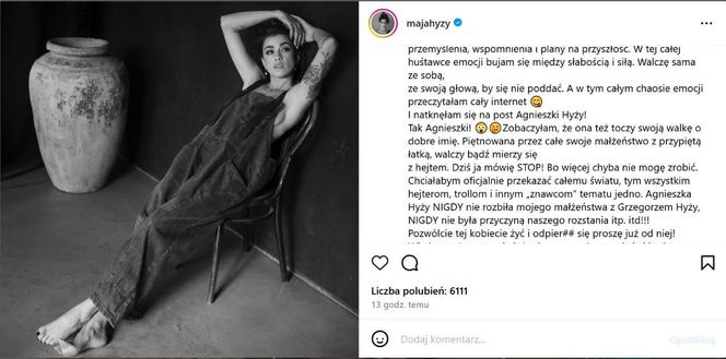 Szokujący wpis Mai Hyży. To powiedziała o obecnej żonie byłego męża. Nie przebierała w słowach 