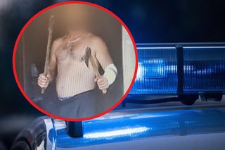 Chwycił za dwie siekiery i groził policjantom. Jedną próbował w nich rzucić. Mamy szokujące nagranie! [WIDEO]