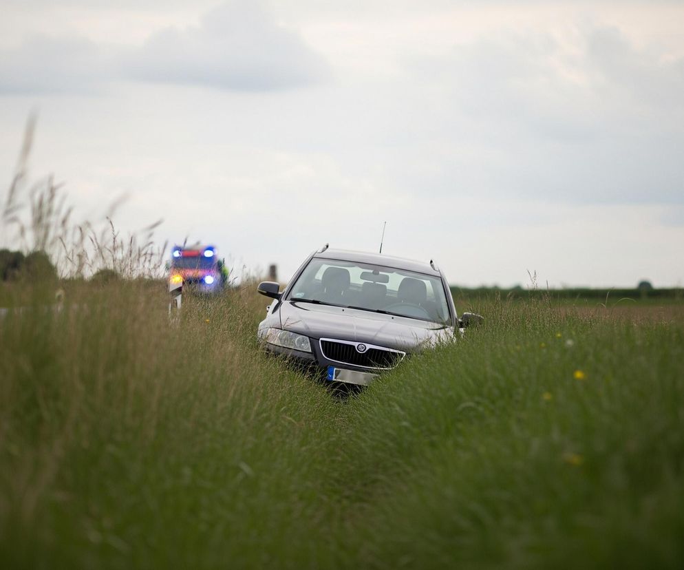 Ciemny samochód osobowy stoi przechylony w głębokiej, zielonej trawie na poboczu drogi, z przodem częściowo ukrytym. W oddali widać pojazd uprzywilejowany z włączonymi niebieskimi i pomarańczowymi światłami, stojący na asfaltowej nawierzchni. Nad nimi rozciąga się zachmurzone, jasne niebo.