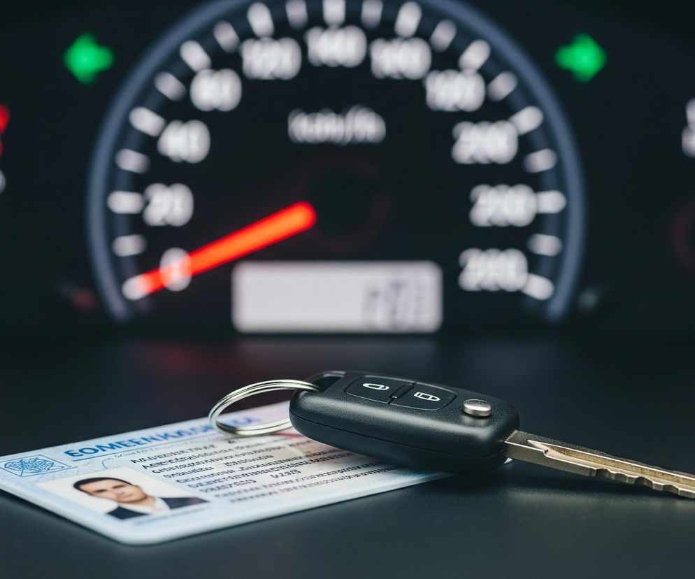 Na czarnej, matowej powierzchni leży plastikowa karta z nadrukowanym zdjęciem mężczyzny oraz czarny kluczyk samochodowy z metalowym pierścieniem. Kluczyk, z wysuniętym metalowym grotem, spoczywa częściowo na karcie. W tle, rozmyte i nieostre, widoczne są elementy kokpitu samochodu, w tym prędkościomierz z czerwonymi akcentami i zielone kontrolki kierunkowskazów.