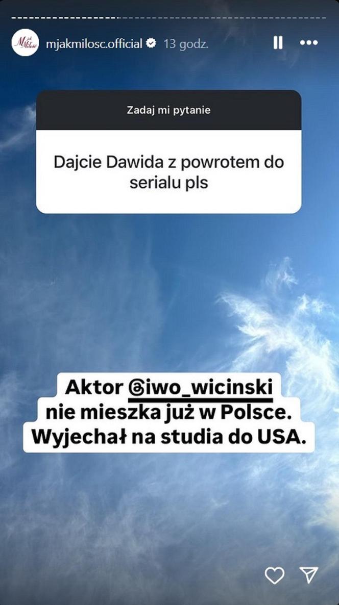 M jak miłość. Odpowiedź produkcji w sprawie powrotu Dawida Jaszewskiego