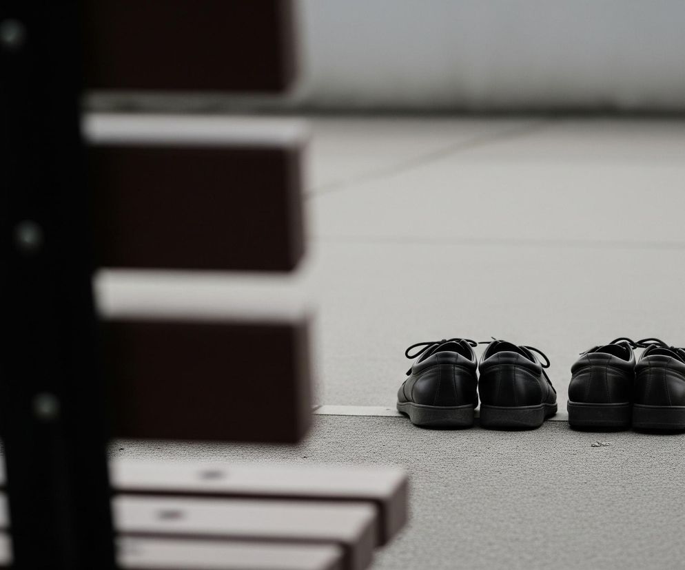 Na pierwszym planie, z lewej strony, widoczna jest rozmyta część drewnianej ławki lub krzesła z poziomymi listwami w ciemnobrązowym kolorze i pionowymi elementami w kolorze czarnym. W oddali, na szarej, teksturyzowanej powierzchni, stoją cztery czarne półbuty ze sznurowadłami, ustawione równo w szeregu, parami obok siebie. Pomiędzy butami a ławką przebiega biała linia na powierzchni. Tło za butami jest jasnoszare i rozmyte.