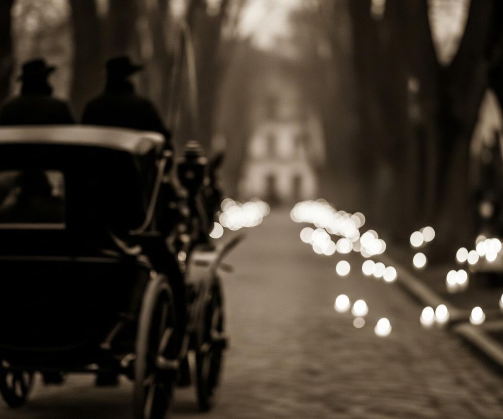 Tylny fragment ciemnej karety z parą pasażerów w kapeluszach, siedzących tyłem do widza. Pojazd porusza się po drodze wysypanej żwirem lub kostką brukową, otoczonej po obu stronach rzędem drzew, tworzących aleję. Wzdłuż prawej krawędzi drogi rozmieszczone są liczne, jasne punkty świetlne, przypominające świece lub lampki, rozmyte przez efekt bokeh. W tle, na końcu alei, majaczy niewyraźny zarys jasnego budynku, prawdopodobnie pałacu lub dużej rezydencji. Całe ujęcie utrzymane jest w sepii, dominują ciemne brązy i beże.