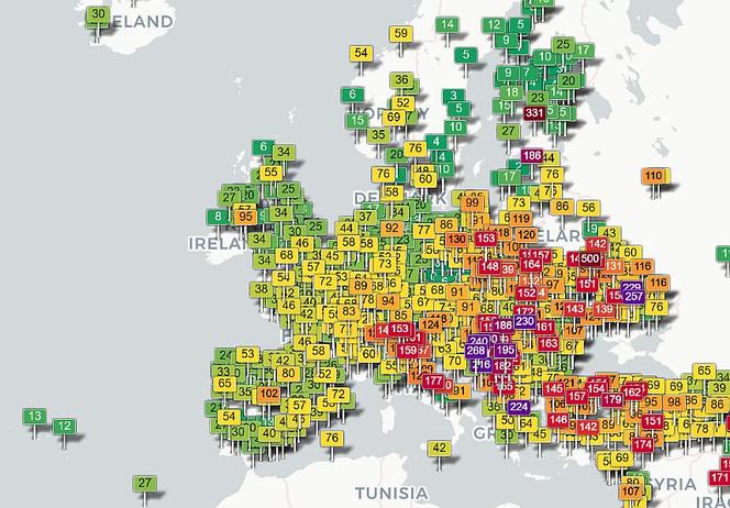 Mapa zanieczyszczonego powietrza w Europie smog