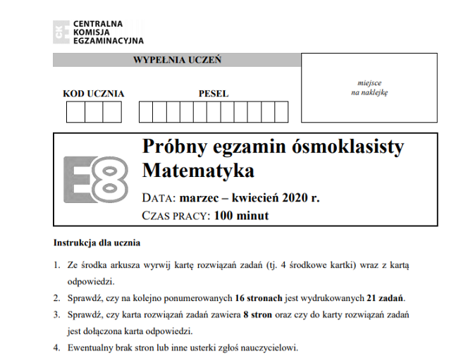 Probny Egzamin Osmoklasisty 2020 Odpowiedzi Cke Matematyka Online Arkusze Zadania Eska Pl