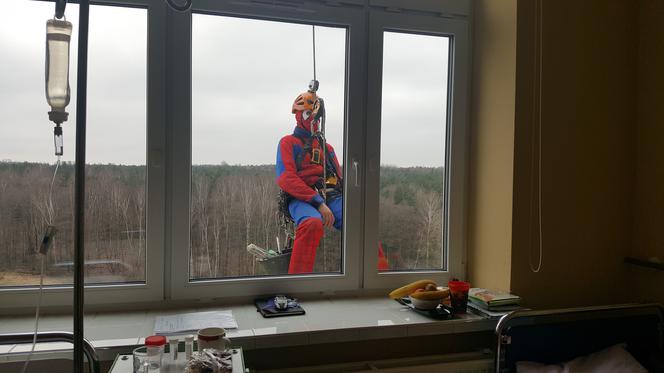 Katowice: Spider Man i Superman myją okna w szpitalu