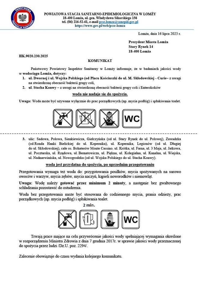 Komunikat z 16 lipca w sprawie jakości wody w Łomży