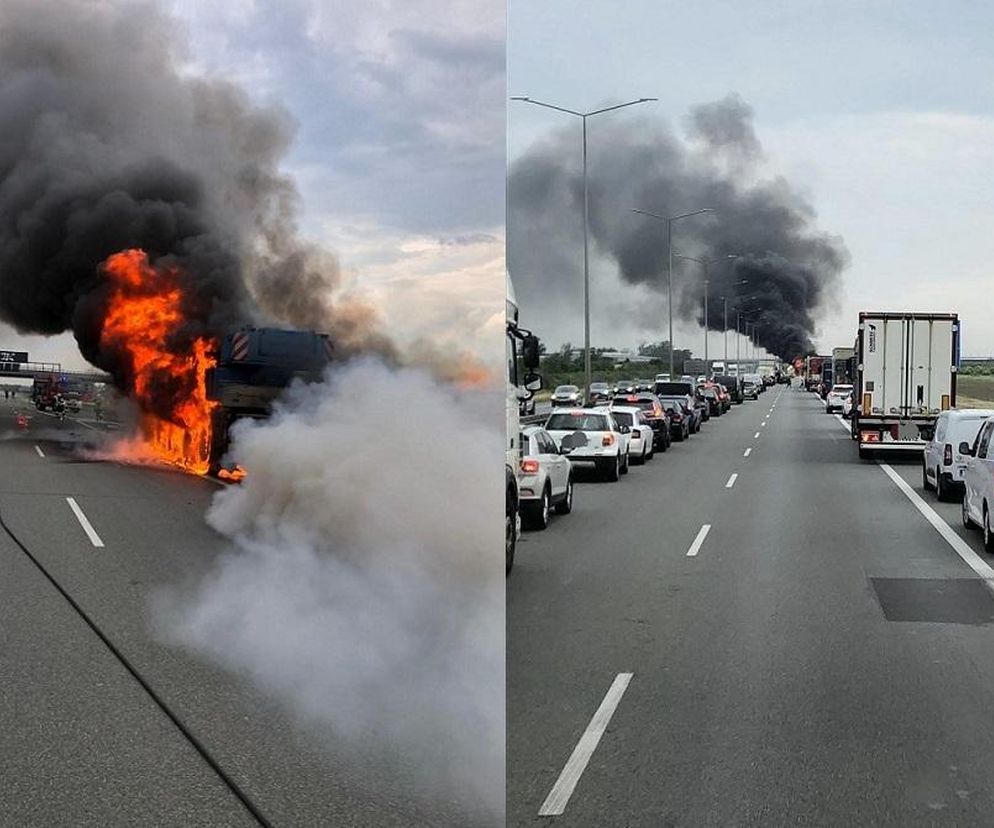 Dźwig stanął w ogniu na autostradzie A2. Słup dymu było widać z daleka