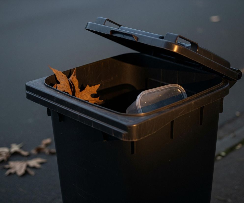 Ciemny, czarny pojemnik na śmieci z uniesioną pokrywą stoi na zewnątrz. W jego wnętrzu widoczne są dwa suche, pomarańczowo-brązowe liście oraz przezroczyste plastikowe pudełko z pokrywką. Dno pojemnika jest oświetlone ciepłym, żółto-pomarańczowym światłem, kontrastującym z chłodnym, szaroniebieskim otoczeniem. Tło stanowi ciemny asfalt lub chodnik, na którym leży kilka rozmytych suchych liści w podobnym odcieniu.