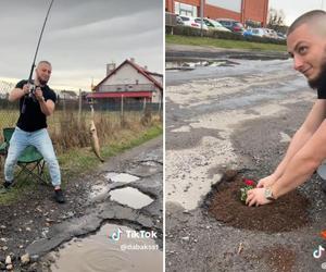 Łowi w nich ryby i sadzi kwiaty. TikToker z Leszna śmieje się z dziurawych ulic 