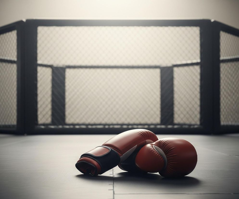 Na czarnej, matowej podłodze, z przodu zdjęcia, leżą dwa czerwone rękawice bokserskie, z czarnymi i białymi akcentami. Za nimi, w tle, widoczna jest siatkowa klatka oktagonalna o ciemnej ramie, lekko rozmyta, z jasnym wnętrzem. Po lewej stronie klatki przez okno wpada światło, a po prawej widać ciemny worek treningowy zawieszony na ścianie.