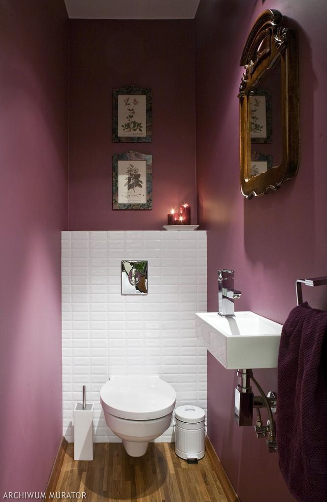 Fioletowe ściany w łazience gościnnej