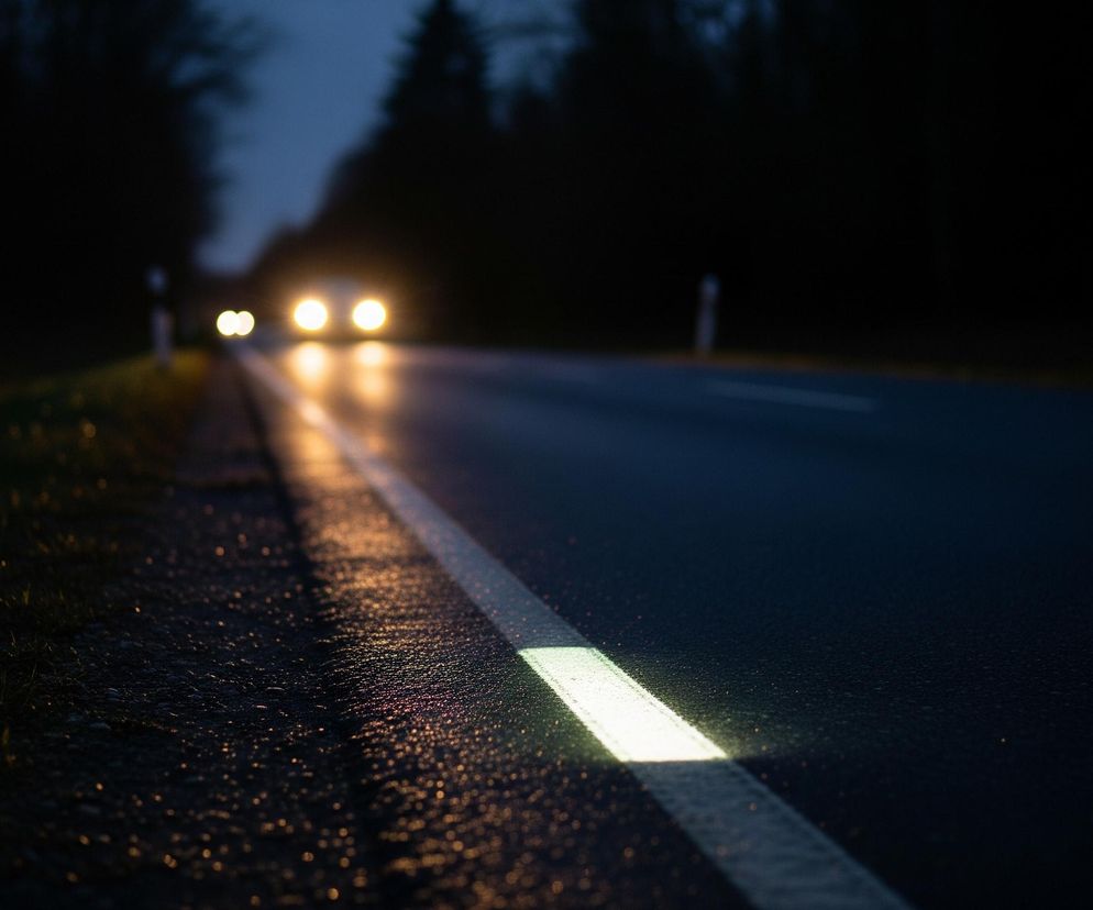 Asfaltowa droga rozciąga się w głąb ciemnego krajobrazu, oświetlona jedynie przez reflektory nadjeżdżającego samochodu, widoczne jako cztery rozmyte, jasne punkty w oddali. Po lewej stronie drogi, na poboczu, rośnie trawa, której źdźbła odbijają światło z pomarańczowo-żółtym blaskiem. Biała, przerywana linia oddziela pasy ruchu, z fragmentem intensywnie podświetlonym w prawym dolnym rogu. Po prawej stronie drogi w oddali widać biały słupek drogowy, a za nim ciemne sylwetki drzew na tle lekko rozjaśnionego, granatowego nieba.
