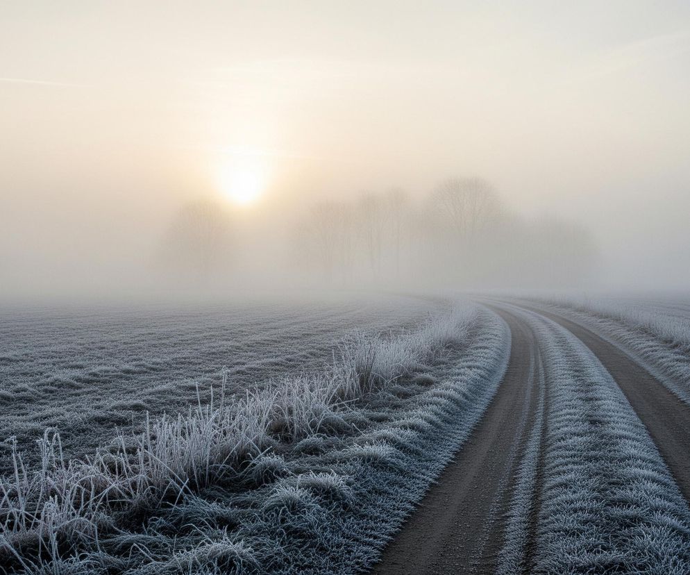Na zdjęciu widoczna jest wiejska droga gruntowa biegnąca przez zasłane szronem pole w pochmurny, mroźny dzień. Droga zakręca w prawo w oddali i jest otoczona po obu stronach rzędami szarej, oszronionej trawy i krzewów. W tle, w środku kadru, dominuje jasne, słoneczne światło, a kilka niewyraźnych sylwetek drzew ukrywa się w gęstej mgle. Niebo jest jednolicie jasnoszare, w górnym prawym rogu widoczny jest cienki, niemal niewidoczny, biały ślad.